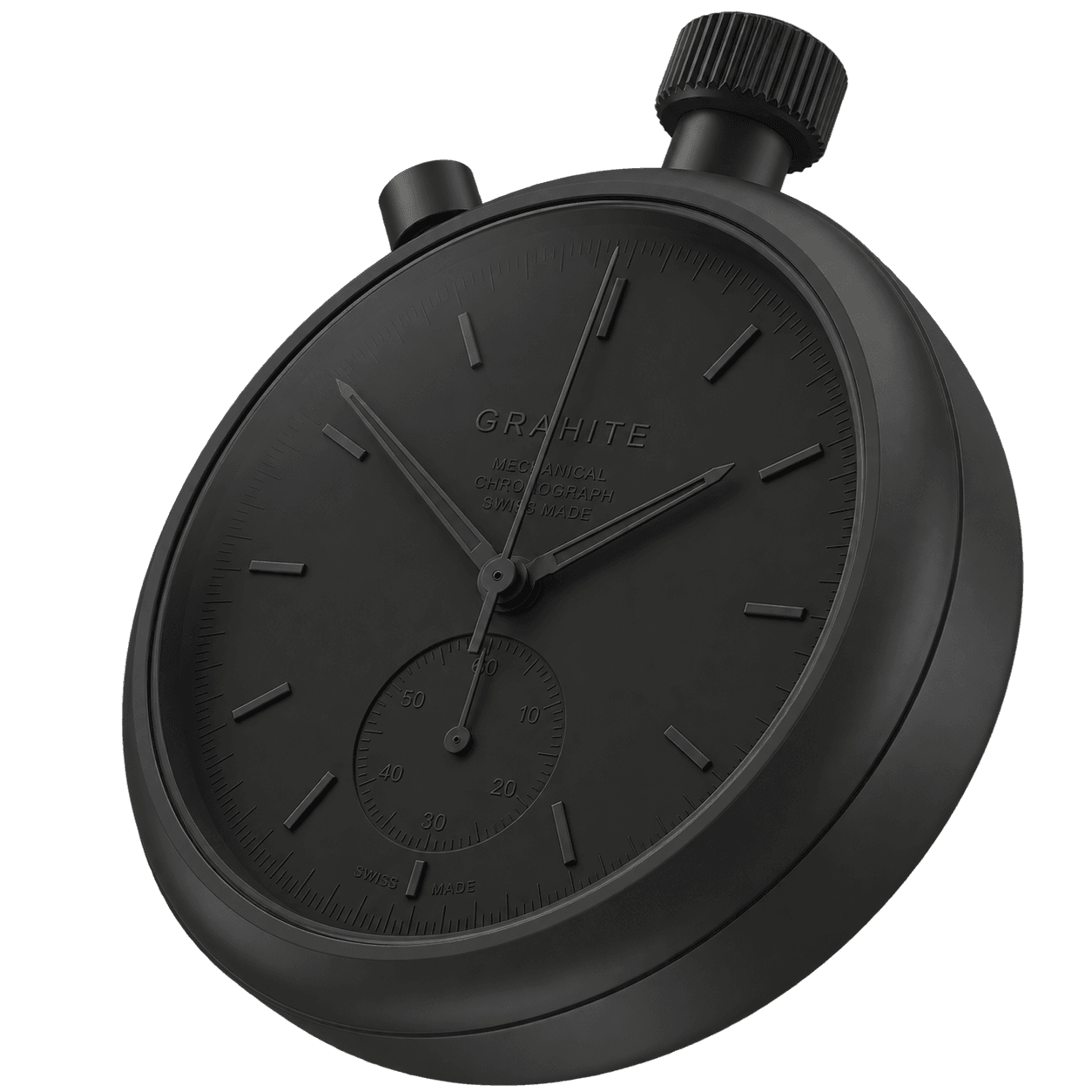 Minimalist dark matte mechanical stopwatch on left