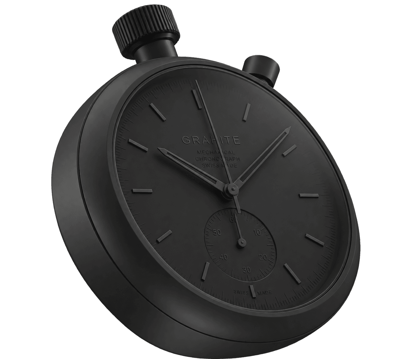 Minimalist dark matte mechanical stopwatch on right